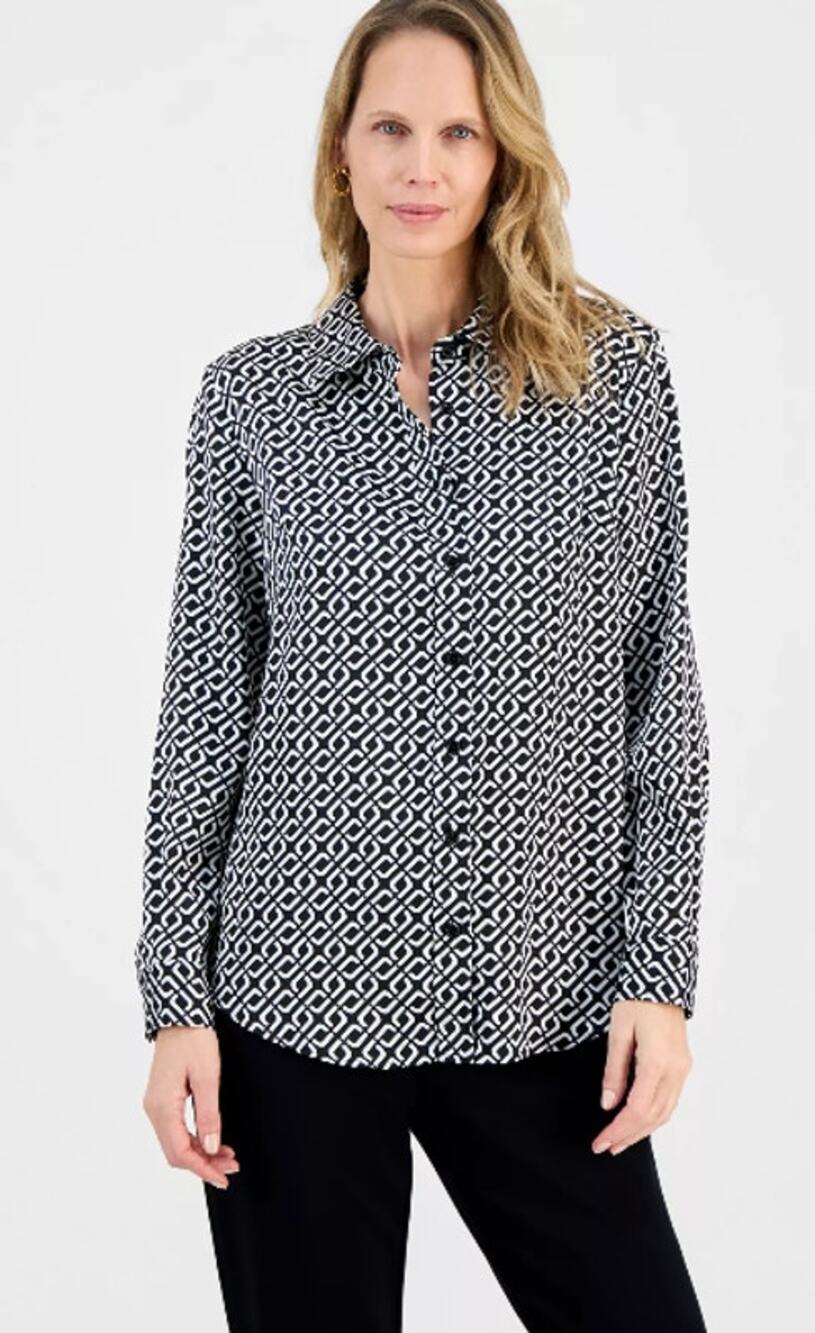 NEW Kasper Button Down Shirt Women's Black Geometric Long Sleeve Size LP